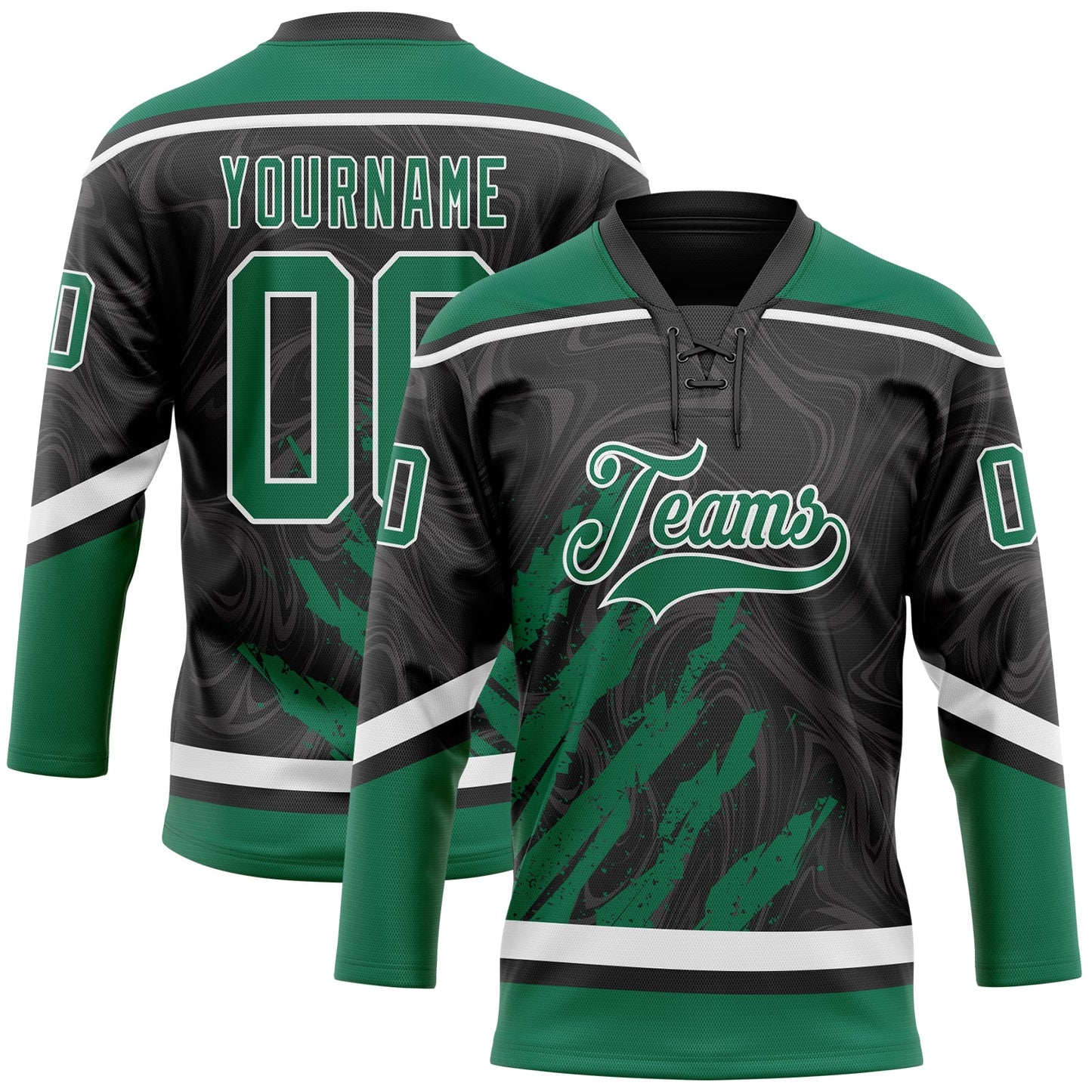 Custom Black Kelly Green-White 3D Splash Art Hockey Lace Neck Jersey - Main View