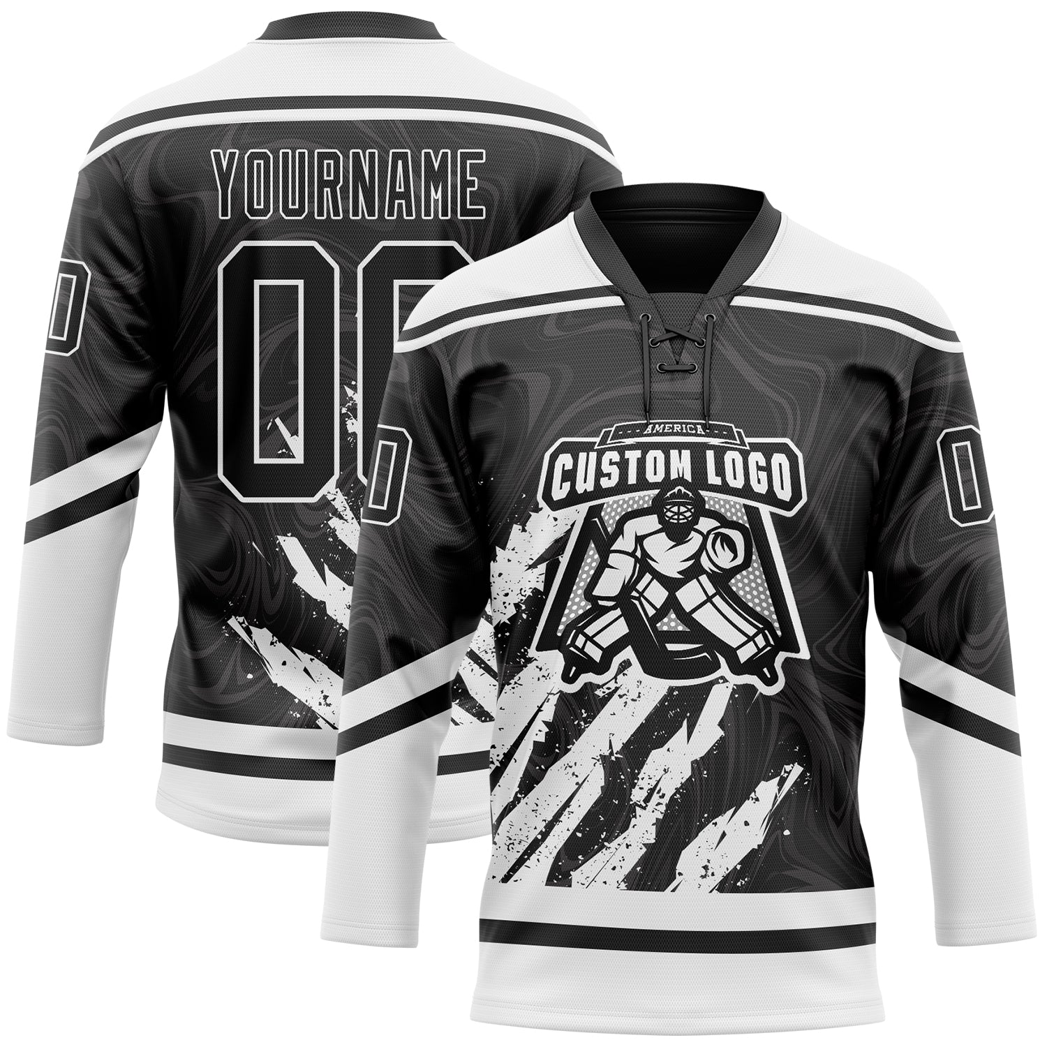 Custom Black White 3D Splash Art Hockey Lace Neck Jersey view 2