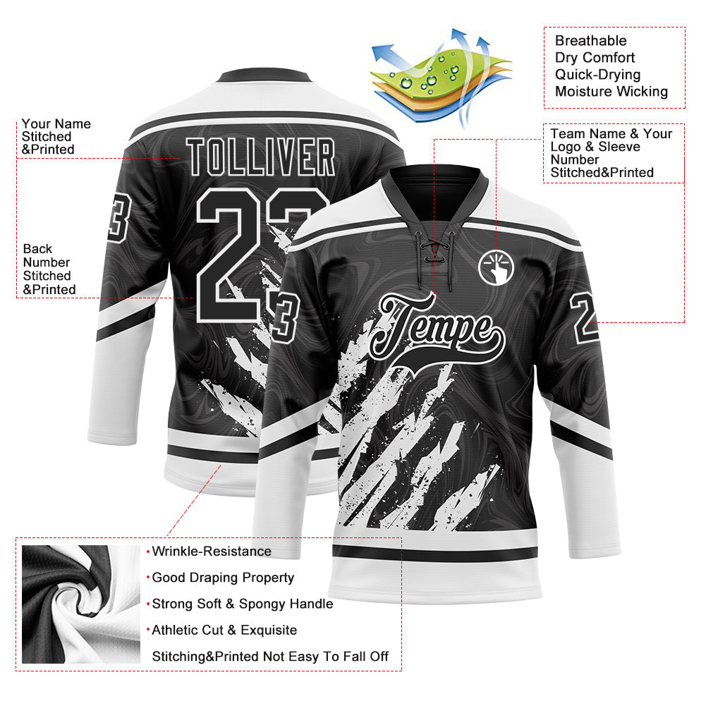 Custom Black White 3D Splash Art Hockey Lace Neck Jersey view 5