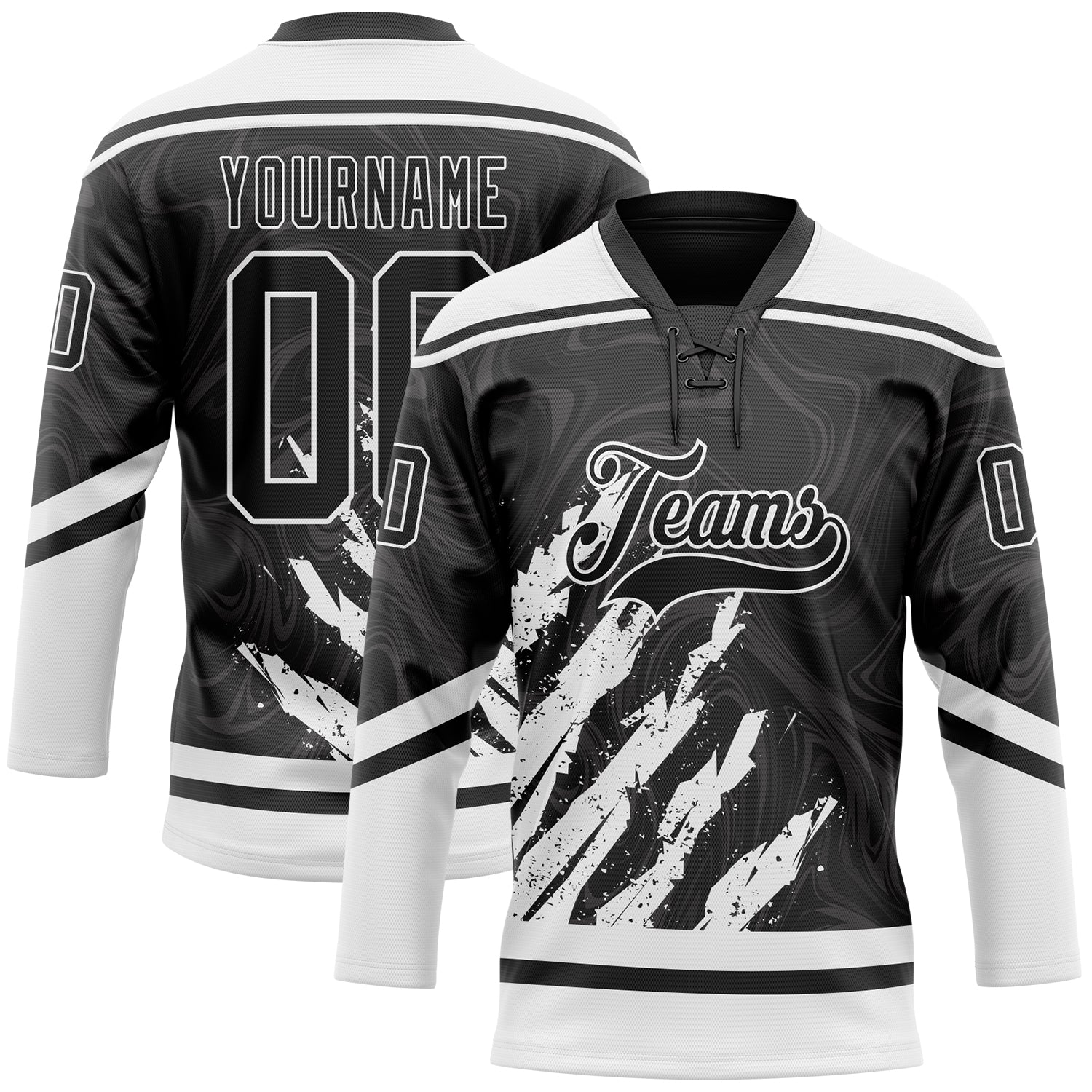 Custom Black White 3D Splash Art Hockey Lace Neck Jersey - Main View