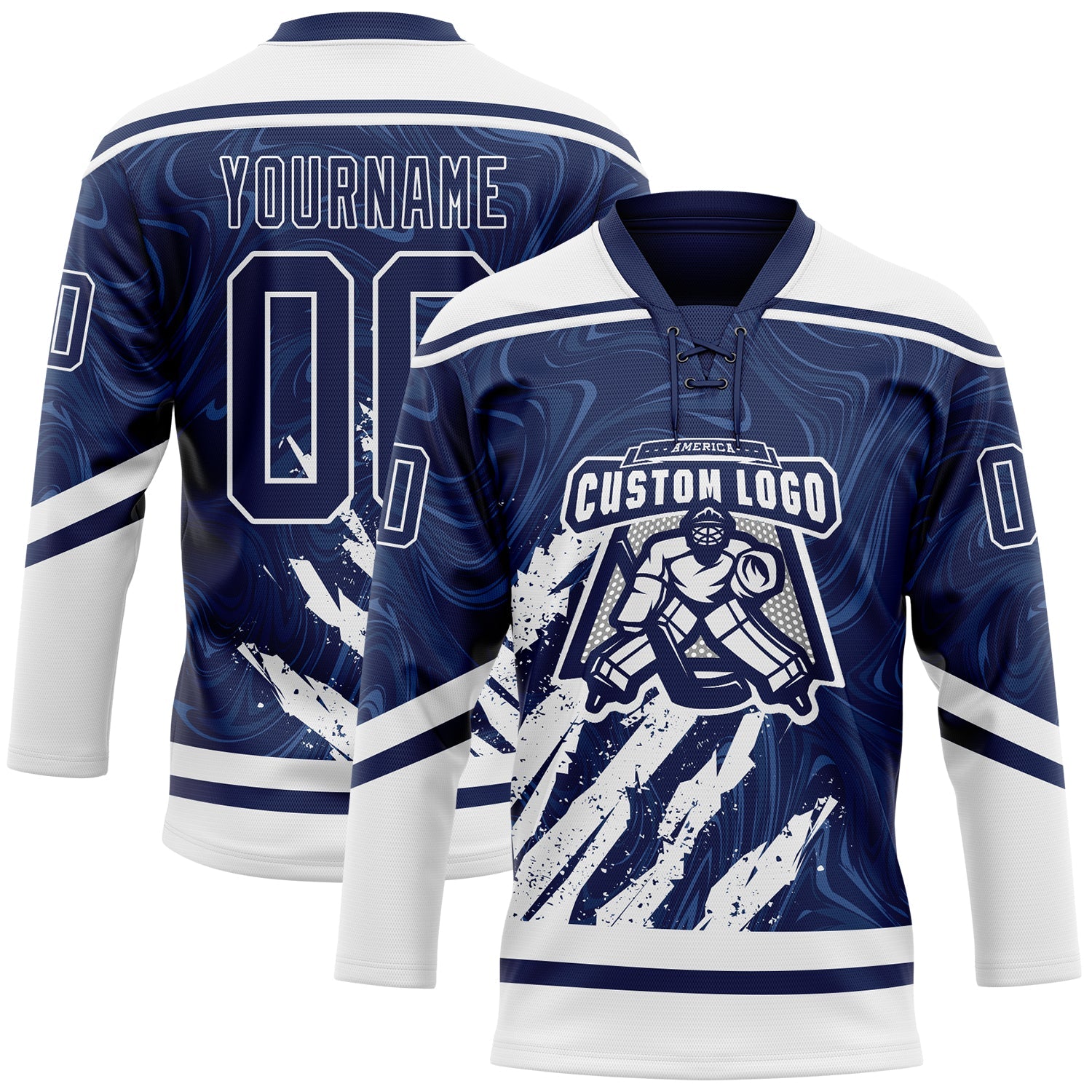 Custom Navy White 3D Splash Art Hockey Lace Neck Jersey view 2