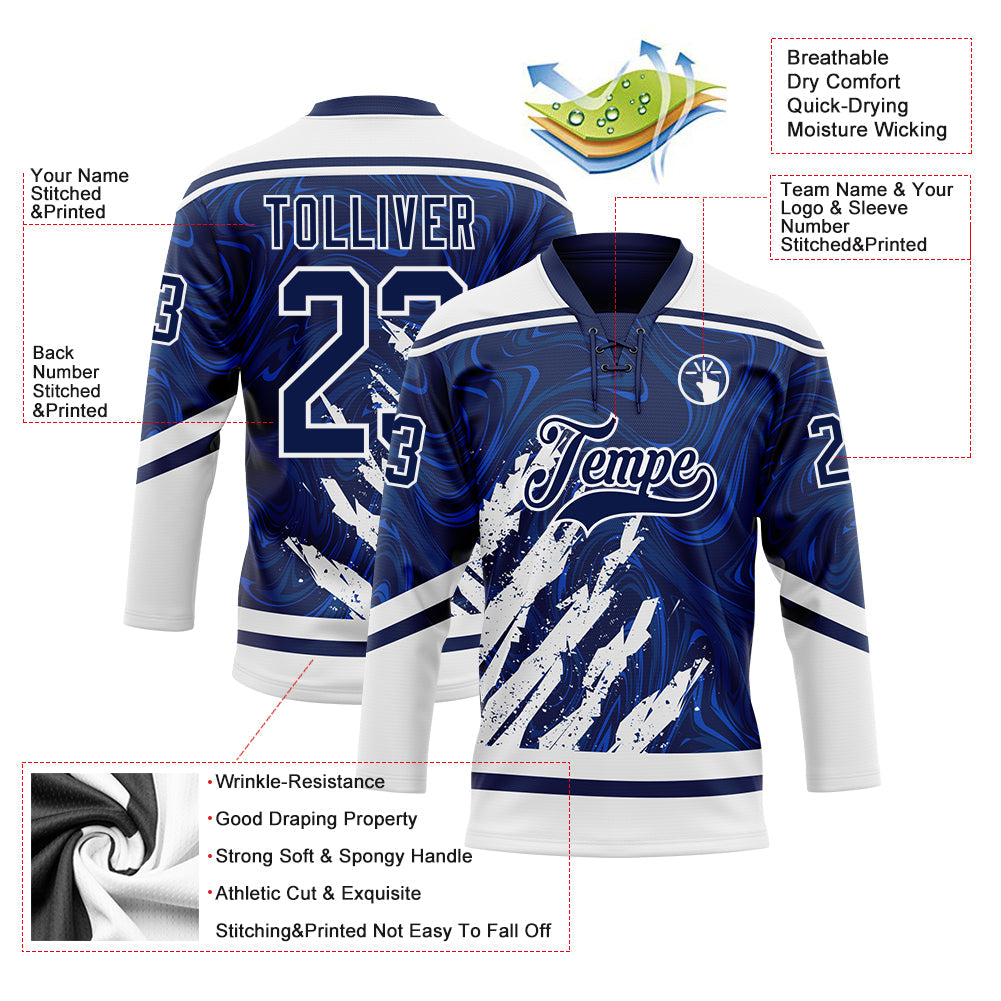 Custom Navy White 3D Splash Art Hockey Lace Neck Jersey view 5
