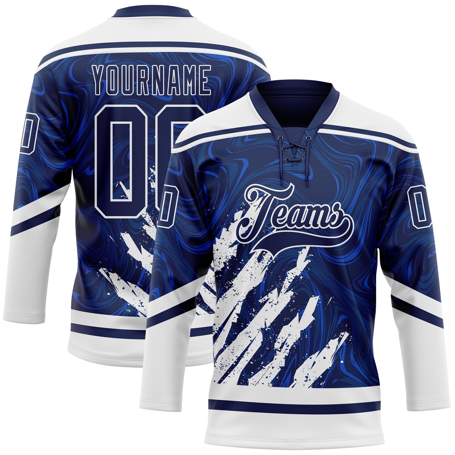 Custom Navy White 3D Splash Art Hockey Lace Neck Jersey - Main View