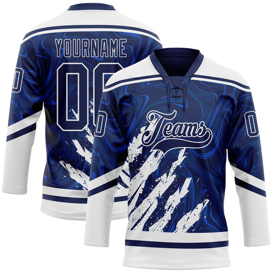Custom Navy White 3D Splash Art Hockey Lace Neck Jersey - Main View