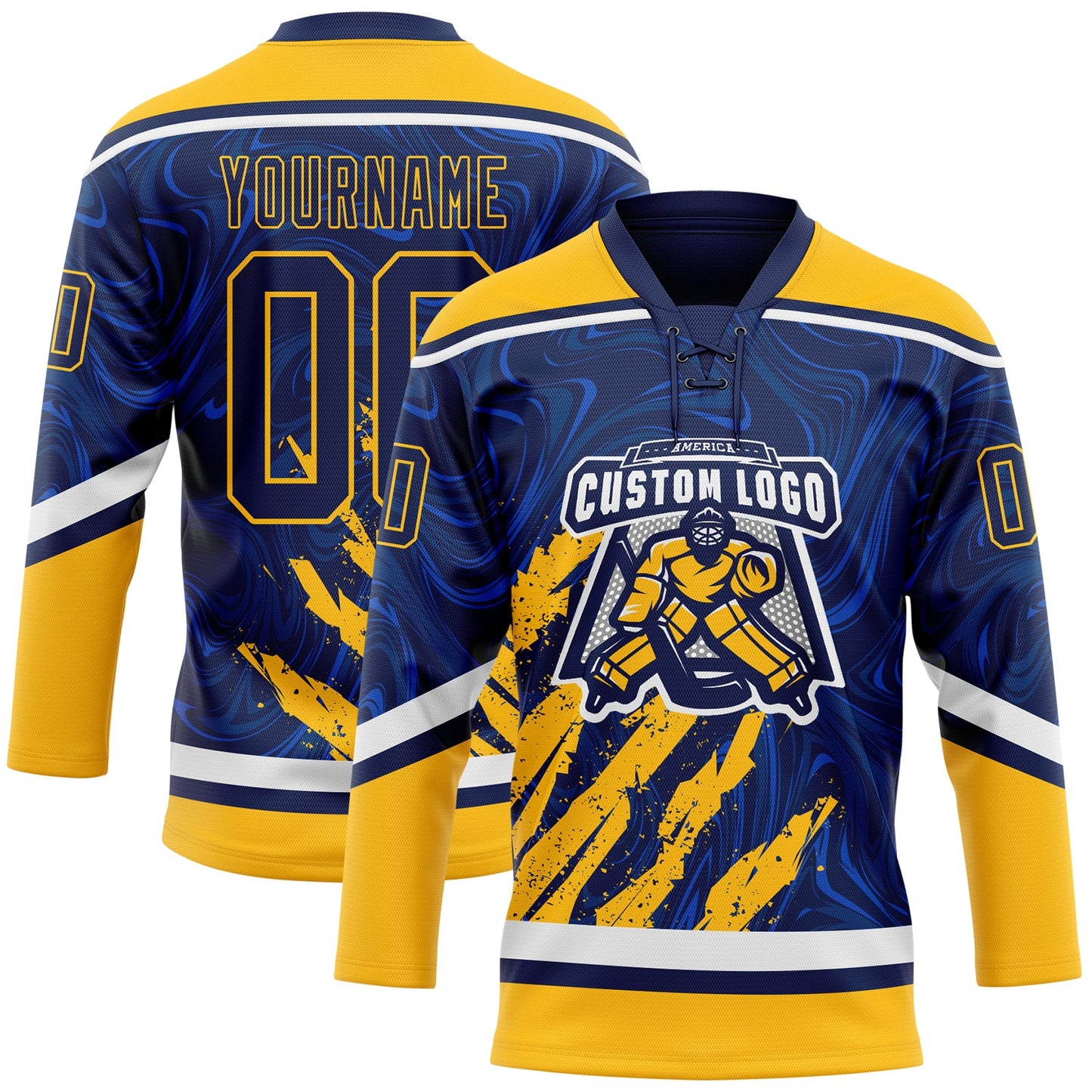 Custom Navy Gold-White 3D Splash Art Hockey Lace Neck Jersey view 2