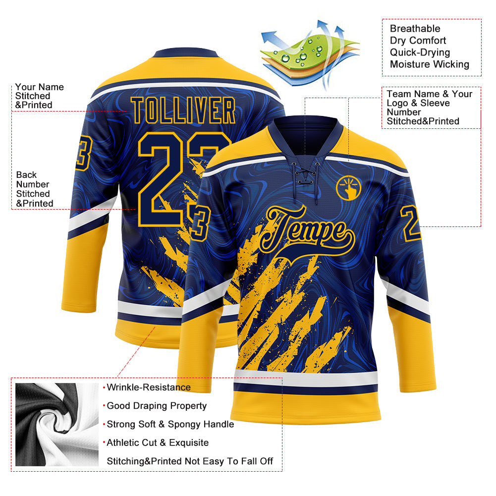 Custom Navy Gold-White 3D Splash Art Hockey Lace Neck Jersey view 5