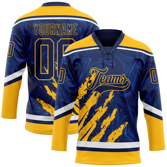 Custom Navy Gold-White 3D Splash Art Hockey Lace Neck Jersey - Main View