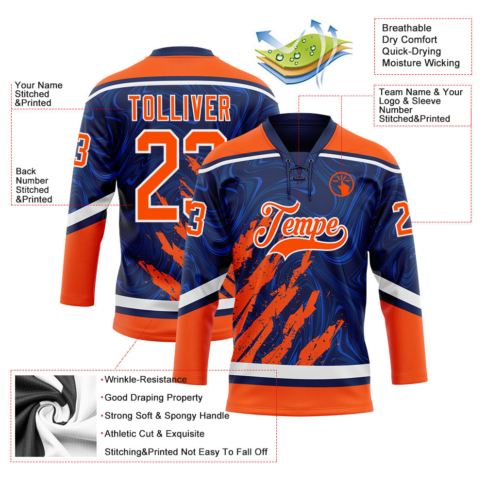 Custom Navy Orange-White 3D Splash Art Hockey Lace Neck Jersey view 5