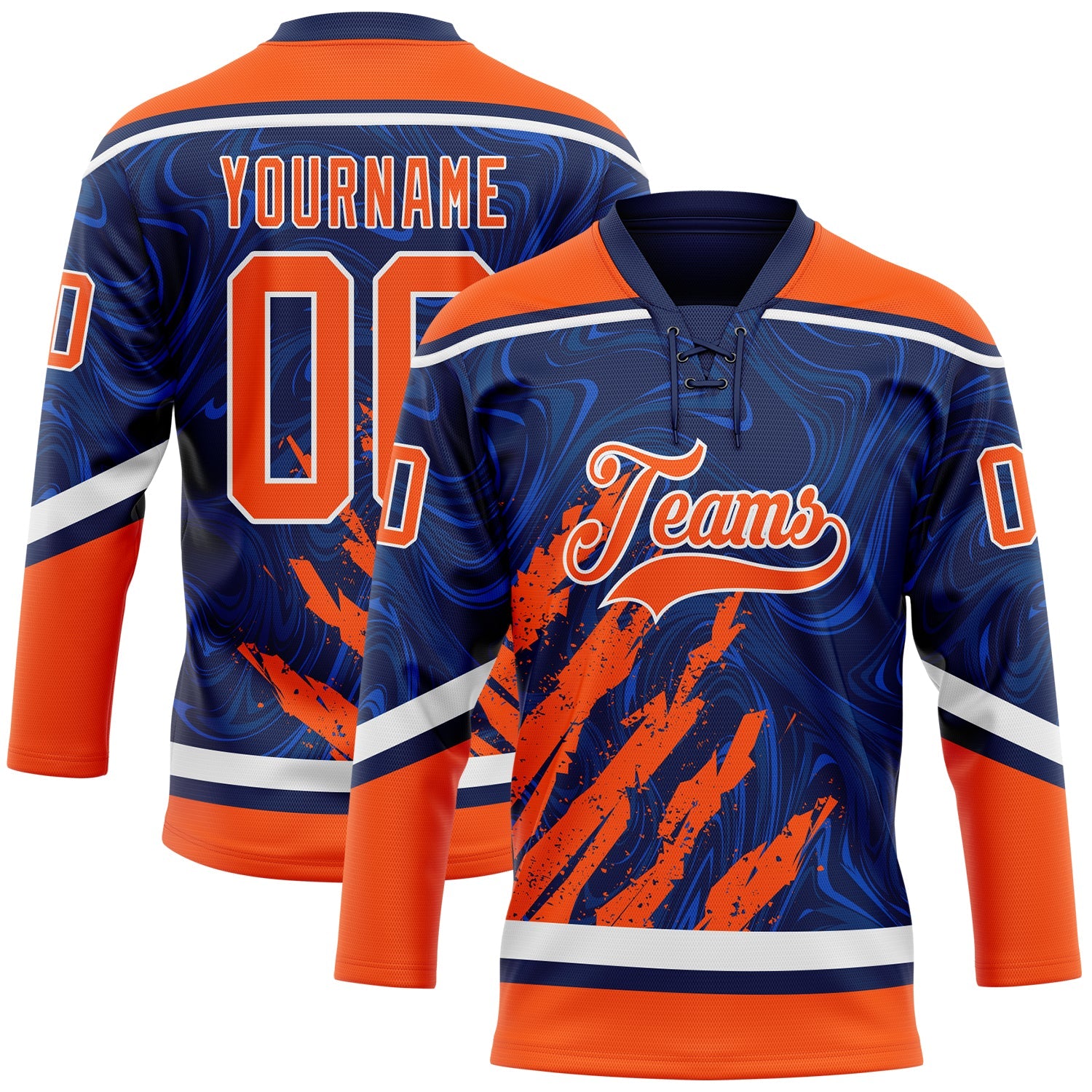 Custom Navy Orange-White 3D Splash Art Hockey Lace Neck Jersey - Main View