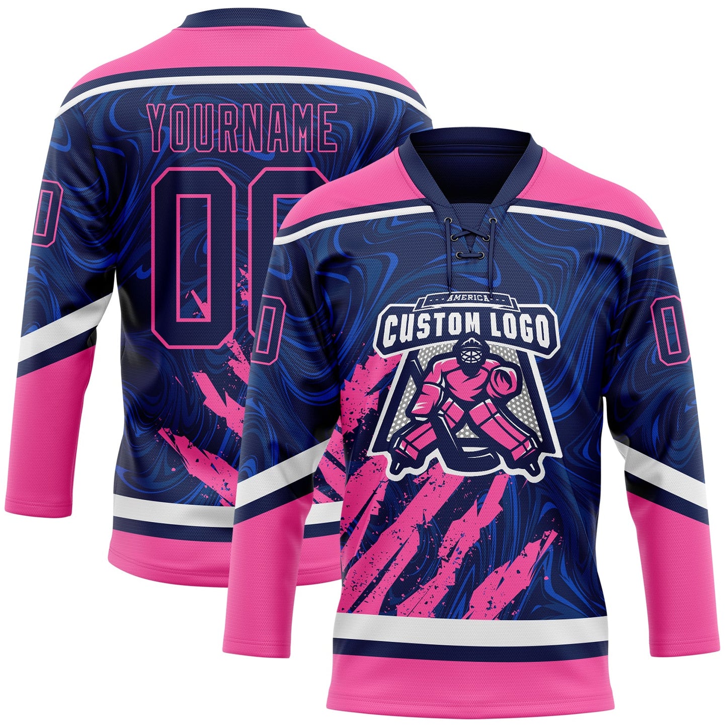 Custom Navy Pink-White 3D Splash Art Hockey Lace Neck Jersey view 2