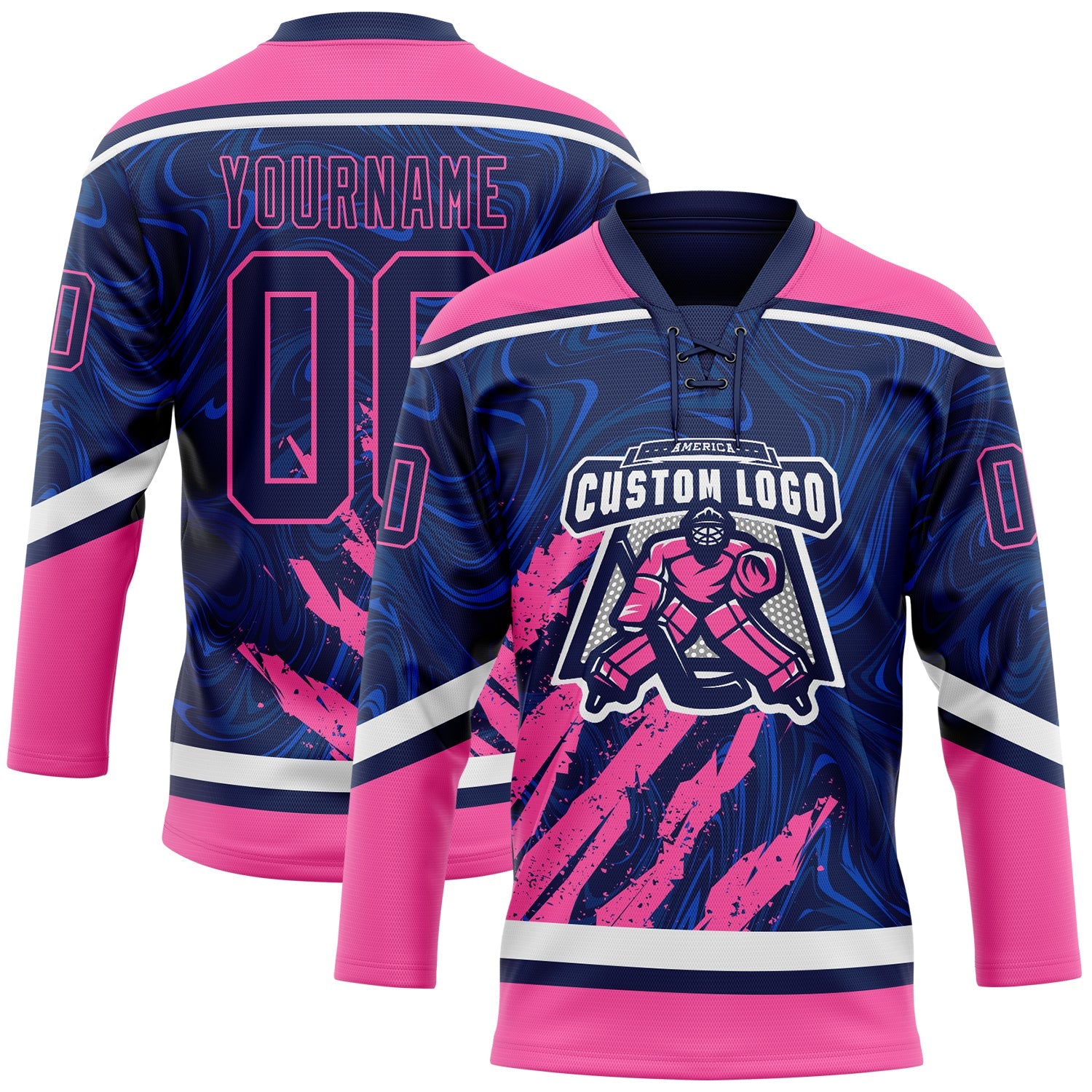 Custom Navy Pink-White 3D Splash Art Hockey Lace Neck Jersey view 2