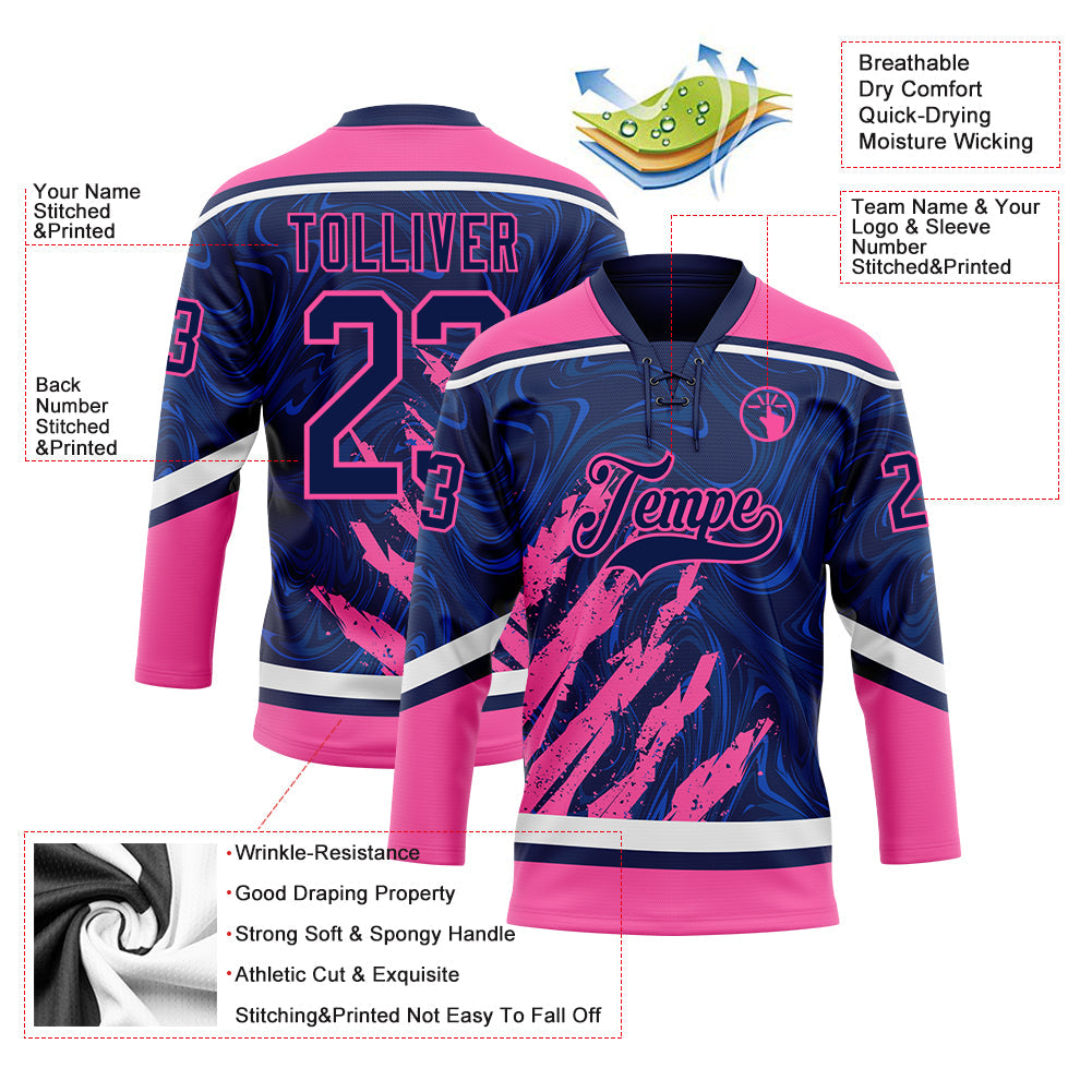 Custom Navy Pink-White 3D Splash Art Hockey Lace Neck Jersey view 5