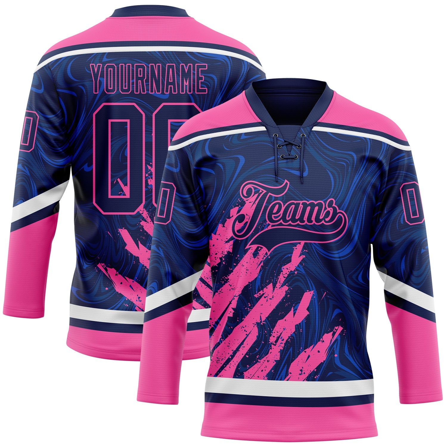 Custom Navy Pink-White 3D Splash Art Hockey Lace Neck Jersey - Main View