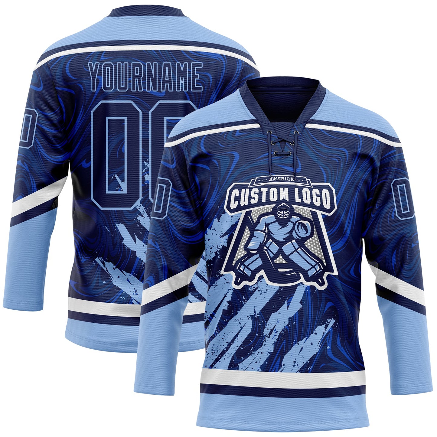 Custom Navy Light Blue-White 3D Splash Art Hockey Lace Neck Jersey view 2