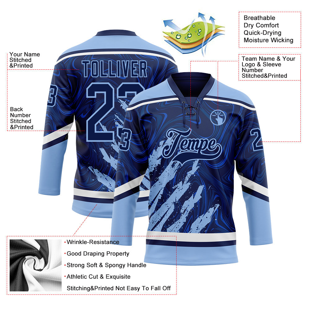 Custom Navy Light Blue-White 3D Splash Art Hockey Lace Neck Jersey view 5