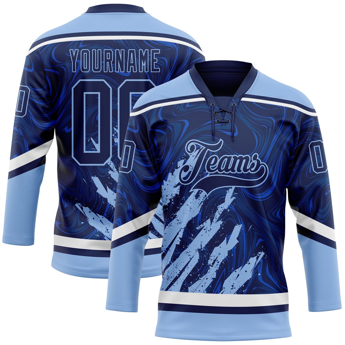 Custom Navy Light Blue-White 3D Splash Art Hockey Lace Neck Jersey - Main View