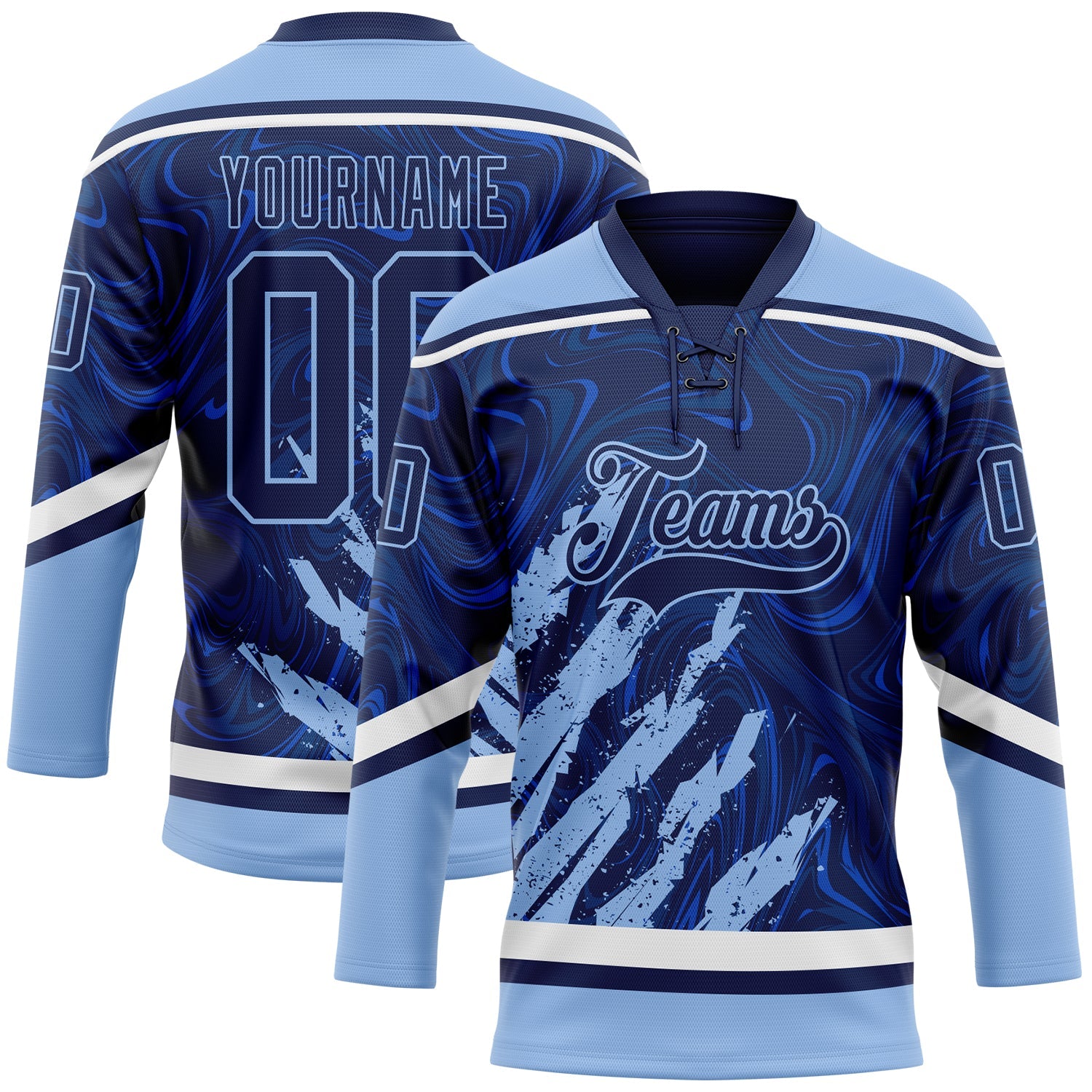 Custom Navy Light Blue-White 3D Splash Art Hockey Lace Neck Jersey - Main View
