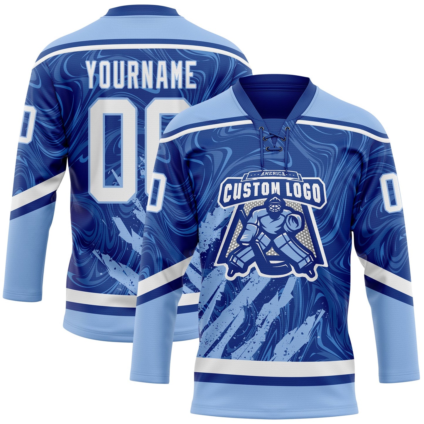 Custom Royal White-Light Blue 3D Splash Art Hockey Lace Neck Jersey view 2