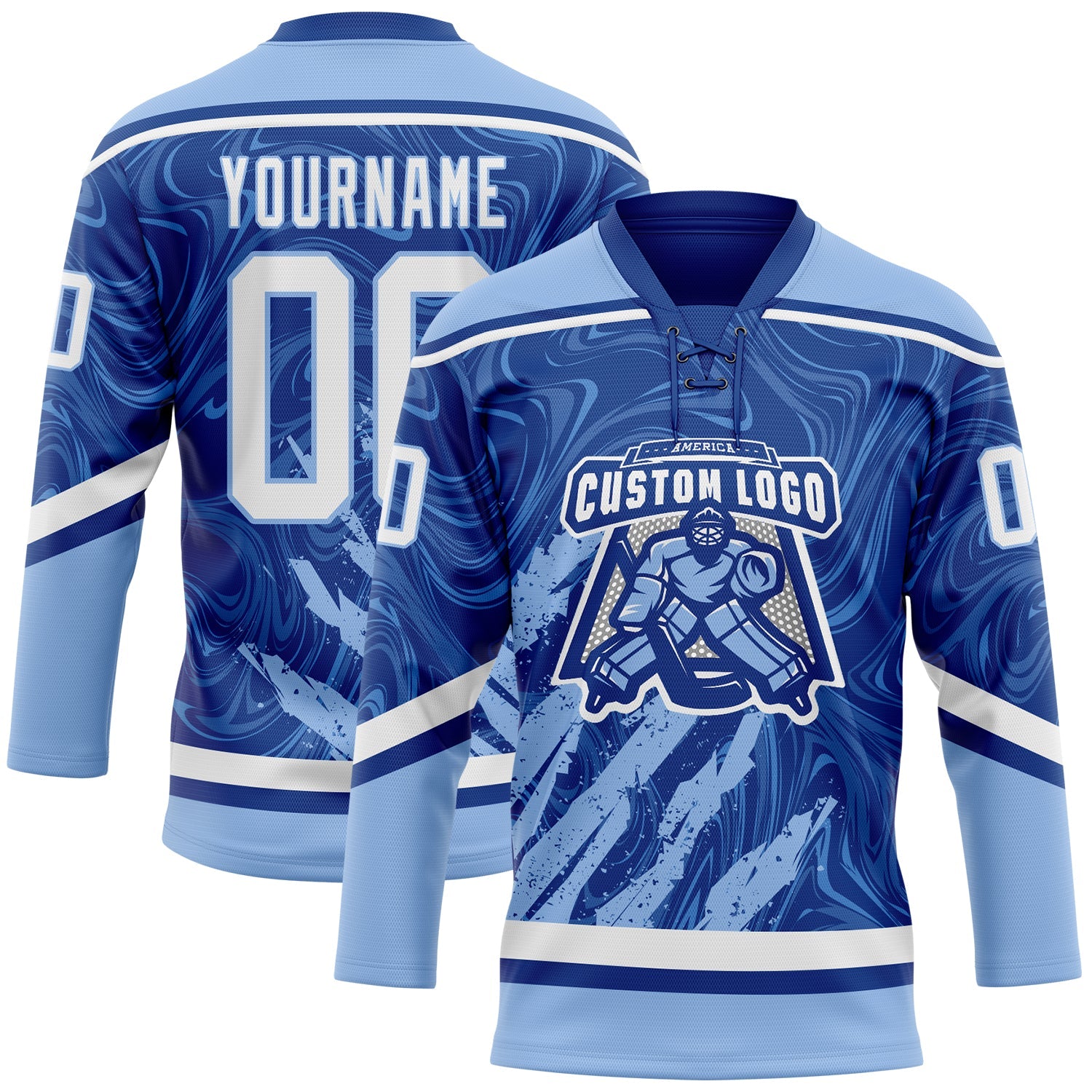 Custom Royal White-Light Blue 3D Splash Art Hockey Lace Neck Jersey view 2