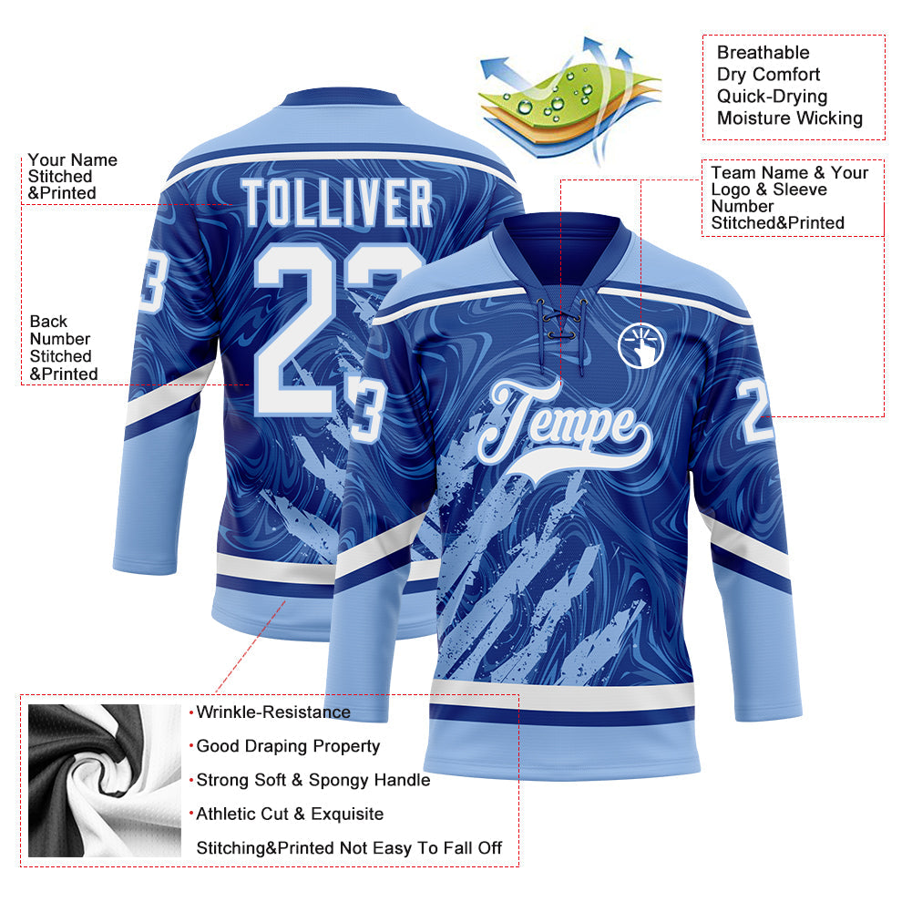 Custom Royal White-Light Blue 3D Splash Art Hockey Lace Neck Jersey view 5