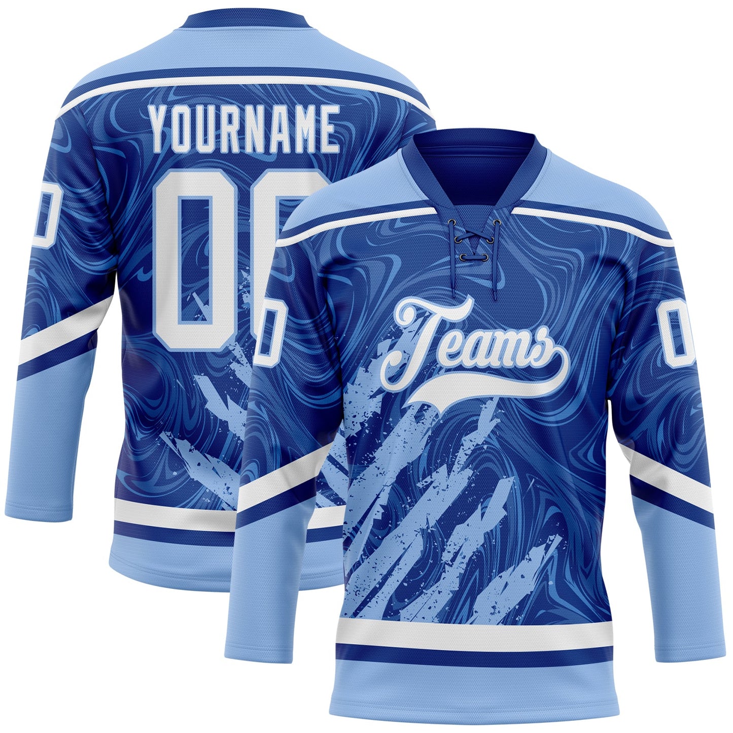 Custom Royal White-Light Blue 3D Splash Art Hockey Lace Neck Jersey - Main View