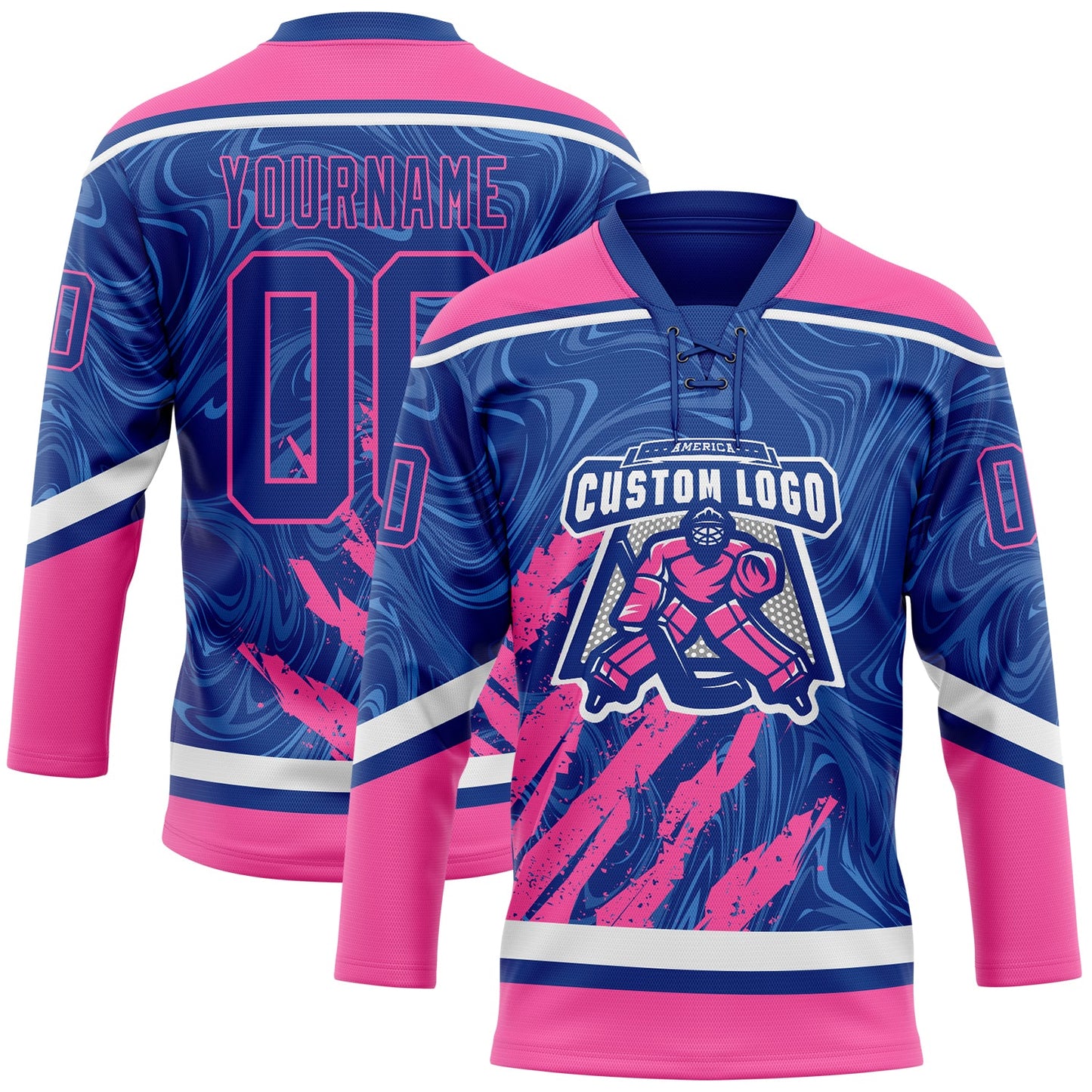 Custom Royal Pink-White 3D Splash Art Hockey Lace Neck Jersey view 2