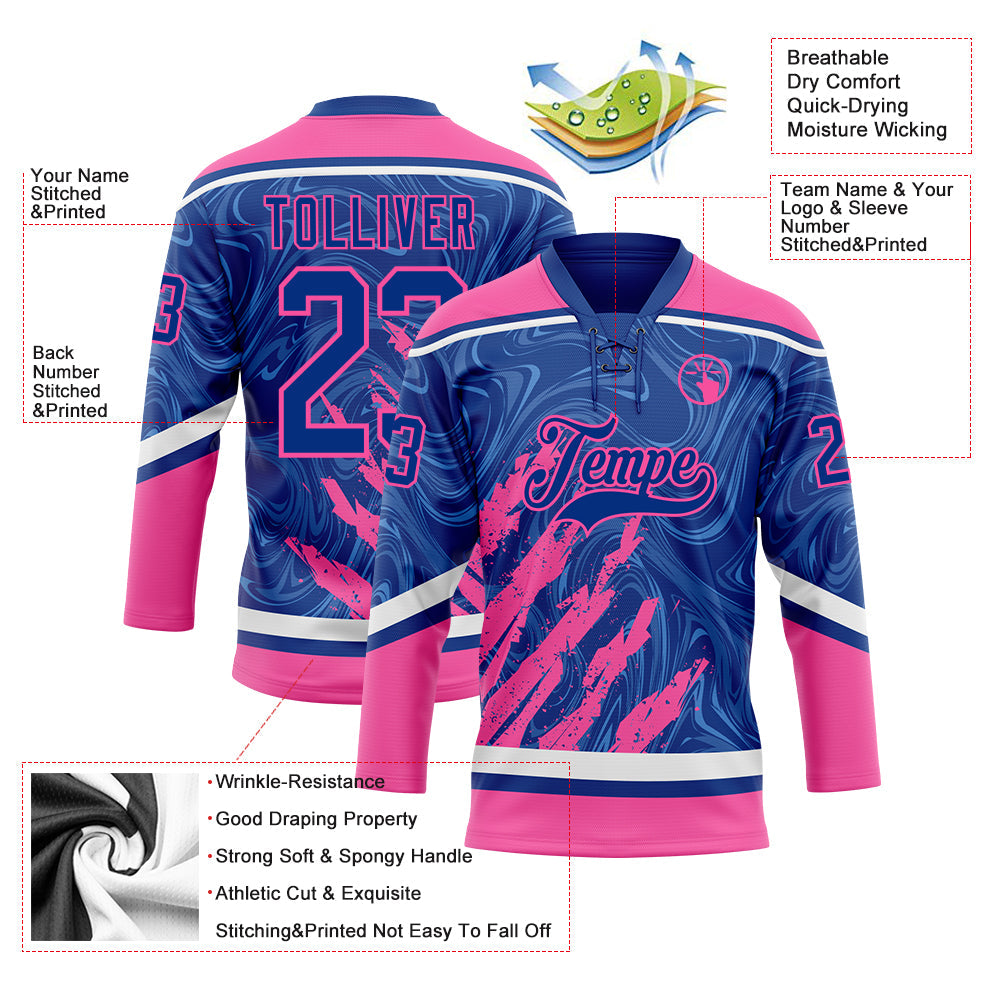 Custom Royal Pink-White 3D Splash Art Hockey Lace Neck Jersey view 5