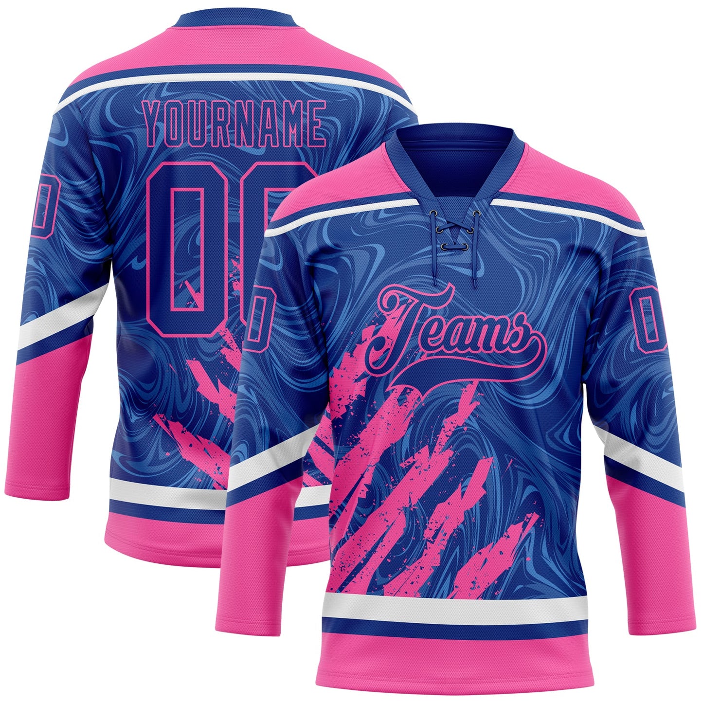 Custom Royal Pink-White 3D Splash Art Hockey Lace Neck Jersey - Main View