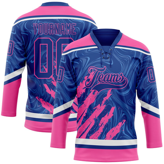 Custom Royal Pink-White 3D Splash Art Hockey Lace Neck Jersey - Main View