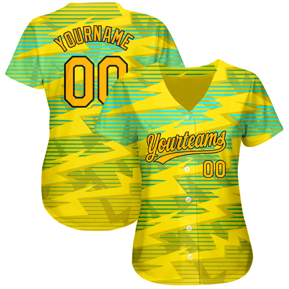 Custom Gold Gold Black-Light Blue 3D Pattern Design Authentic Baseball Jersey view 2