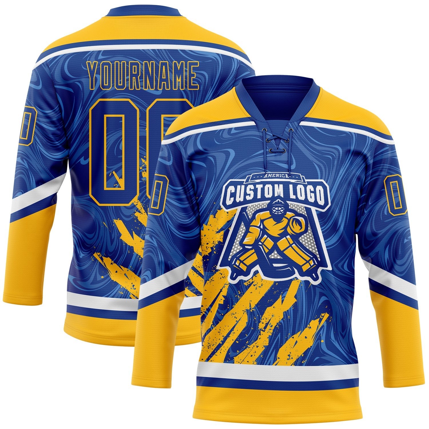 Custom Royal Gold-White 3D Splash Art Hockey Lace Neck Jersey view 2