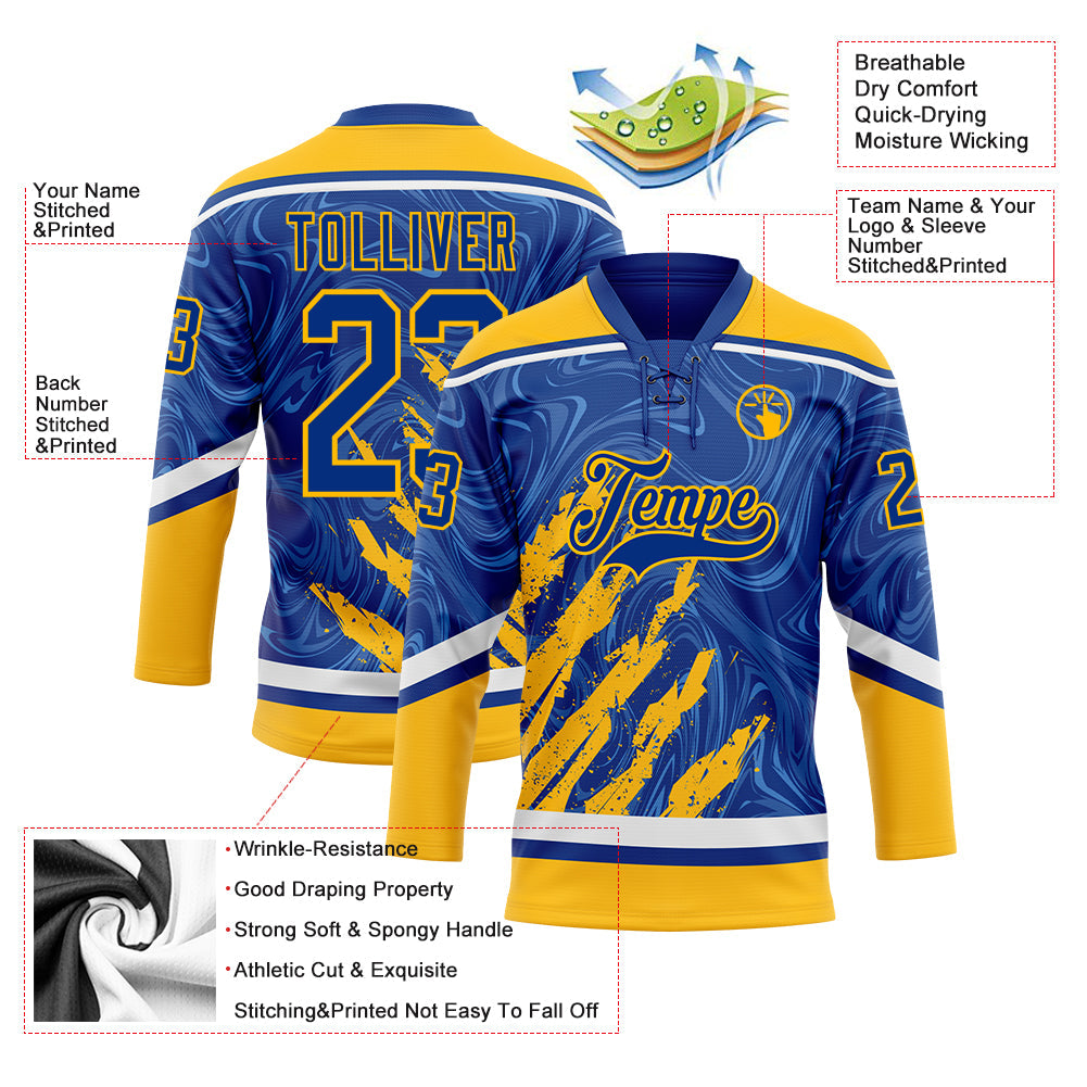 Custom Royal Gold-White 3D Splash Art Hockey Lace Neck Jersey view 5