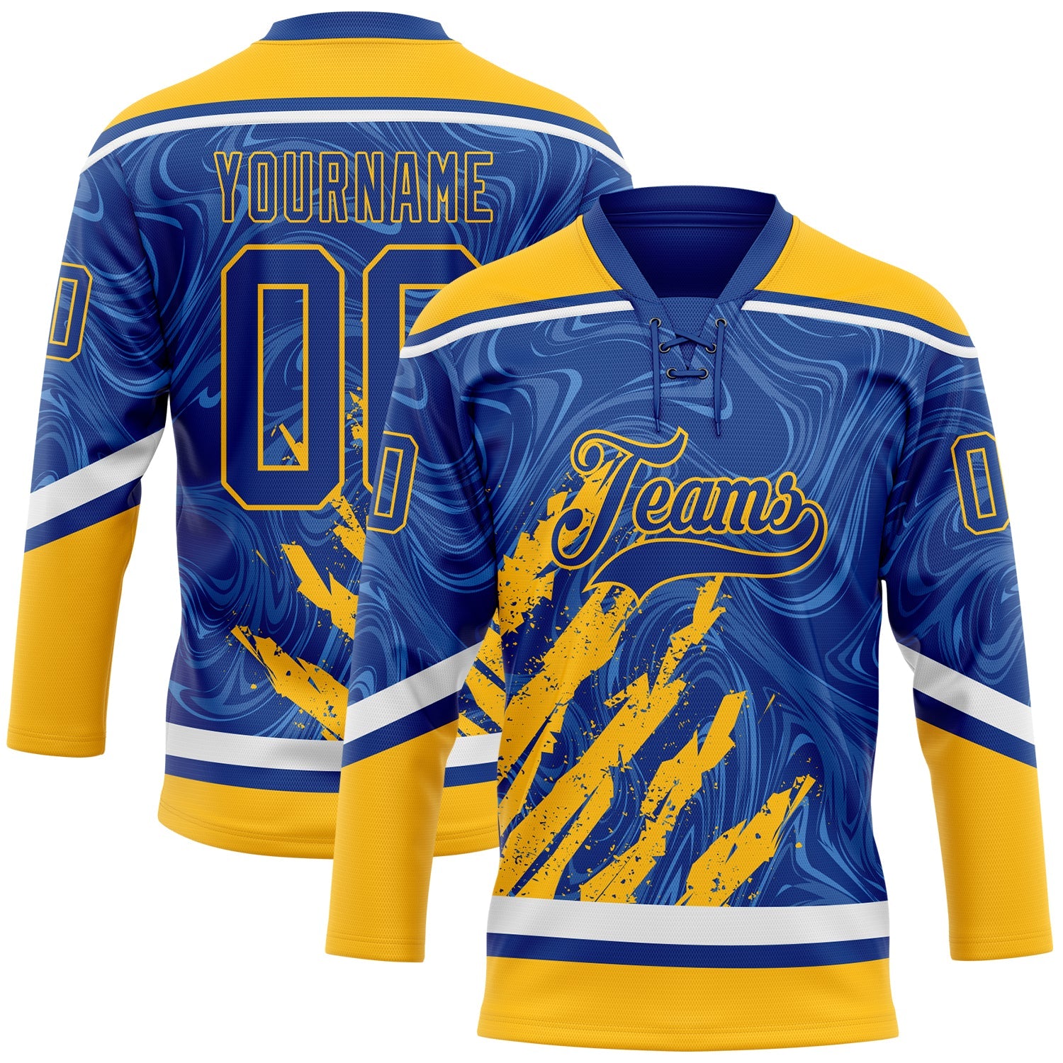 Custom Royal Gold-White 3D Splash Art Hockey Lace Neck Jersey - Main View