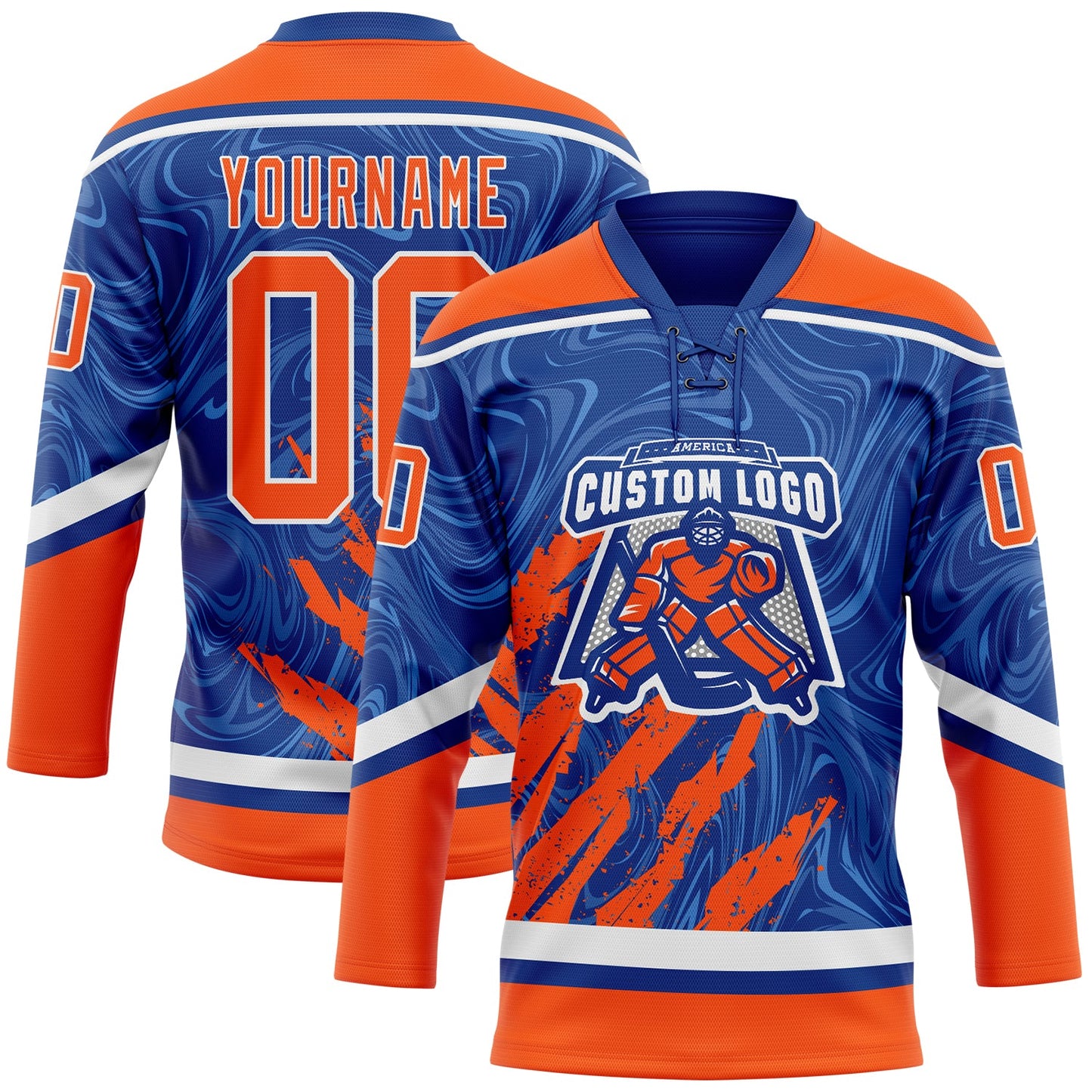 Custom Royal Orange-White 3D Splash Art Hockey Lace Neck Jersey view 2