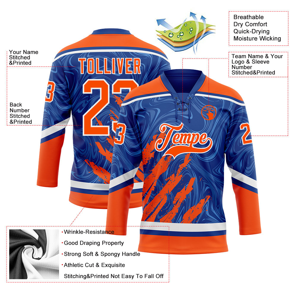 Custom Royal Orange-White 3D Splash Art Hockey Lace Neck Jersey view 5
