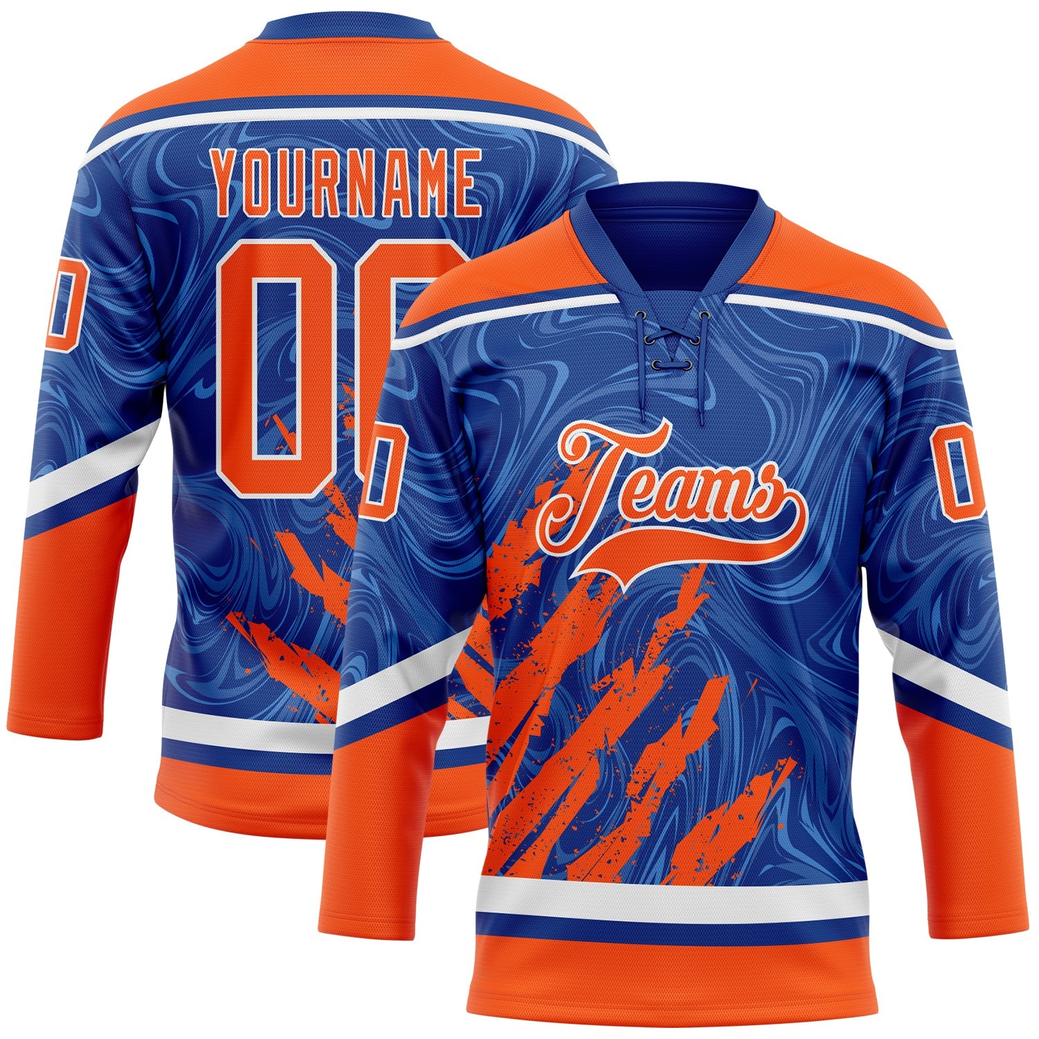 Custom Royal Orange-White 3D Splash Art Hockey Lace Neck Jersey - Main View