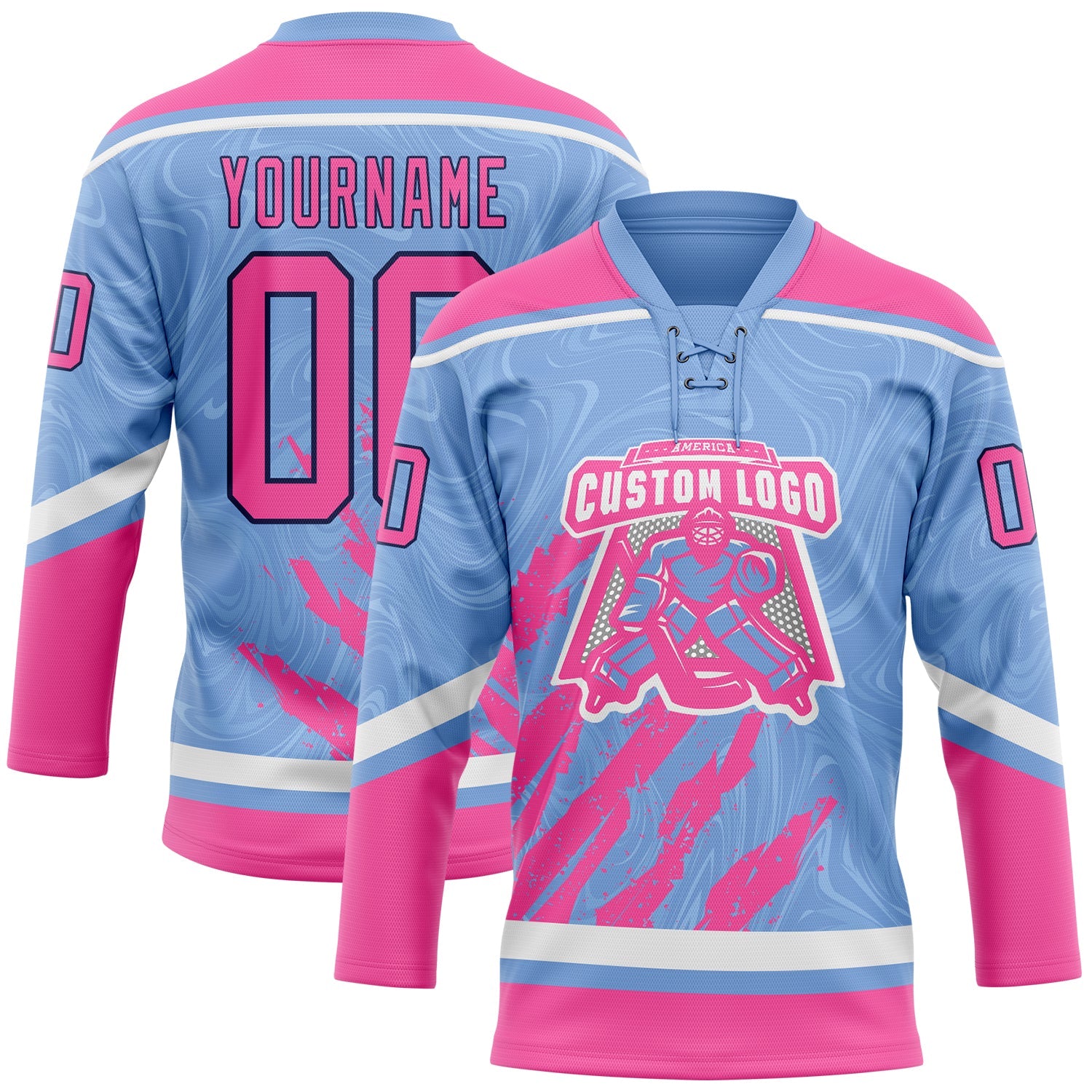 Custom Light Blue Pink Navy-White 3D Splash Art Hockey Lace Neck Jersey view 2