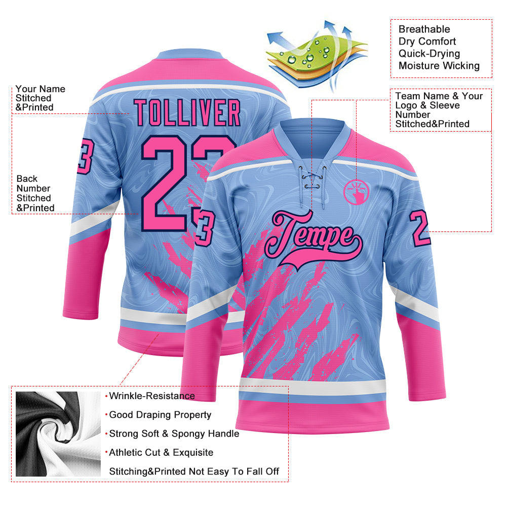 Custom Light Blue Pink Navy-White 3D Splash Art Hockey Lace Neck Jersey view 5