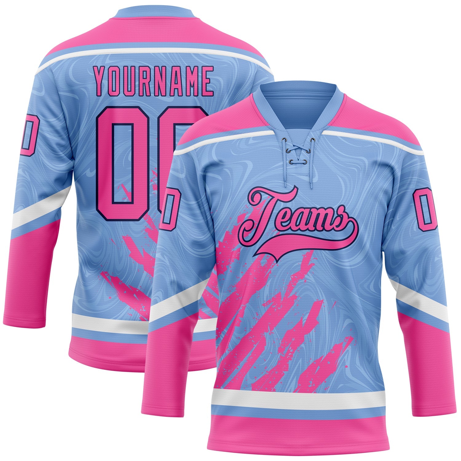 Custom Light Blue Pink Navy-White 3D Splash Art Hockey Lace Neck Jersey - Main View