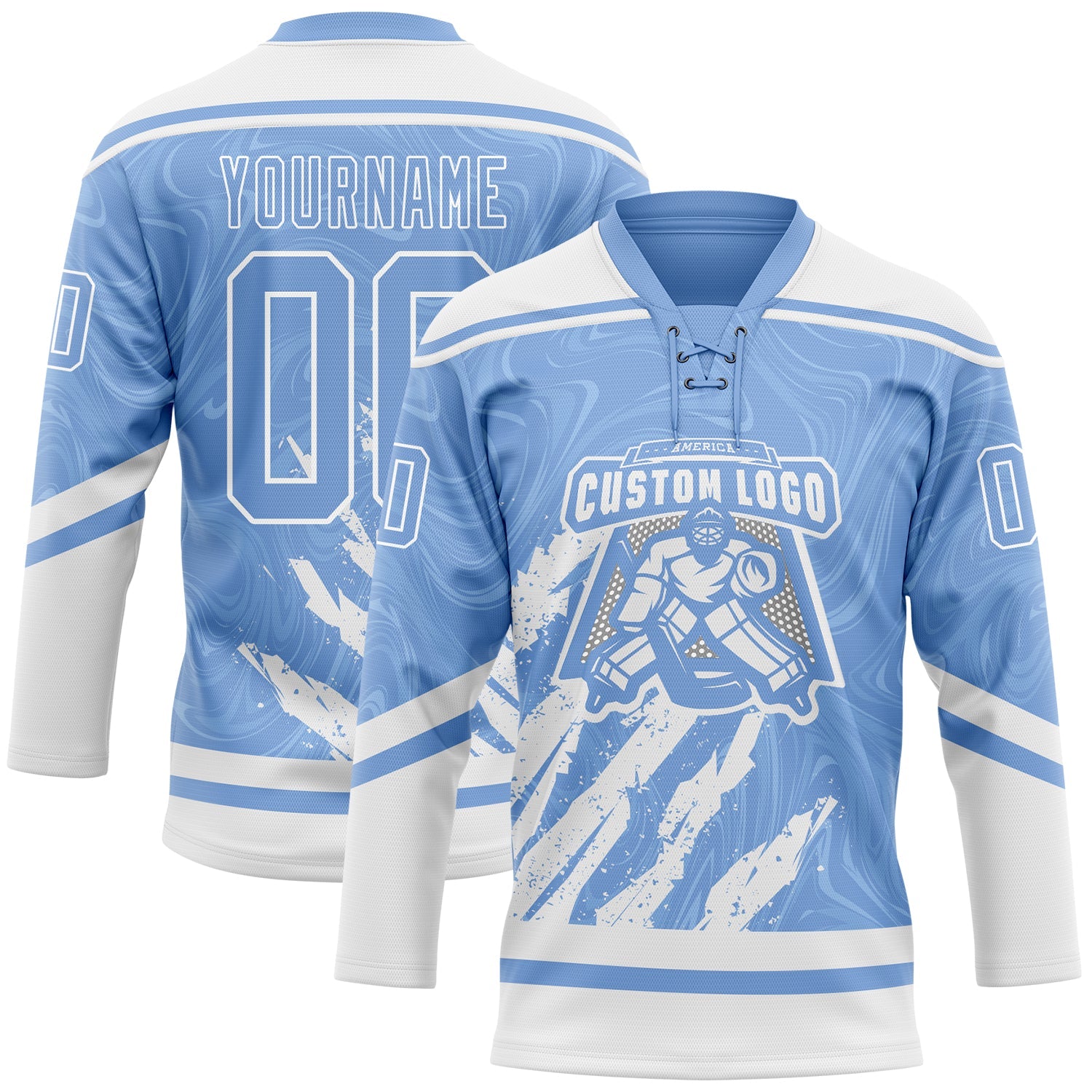 Custom Light Blue White 3D Splash Art Hockey Lace Neck Jersey view 2