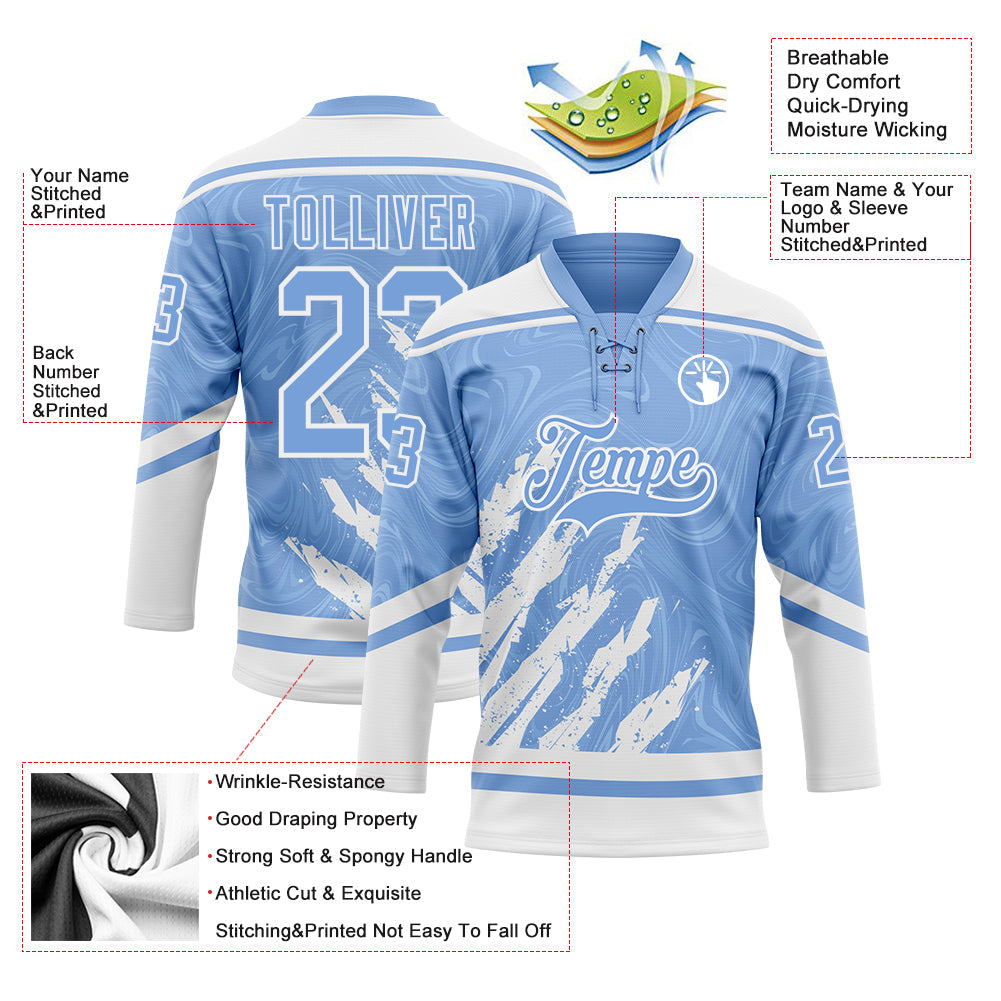 Custom Light Blue White 3D Splash Art Hockey Lace Neck Jersey view 5