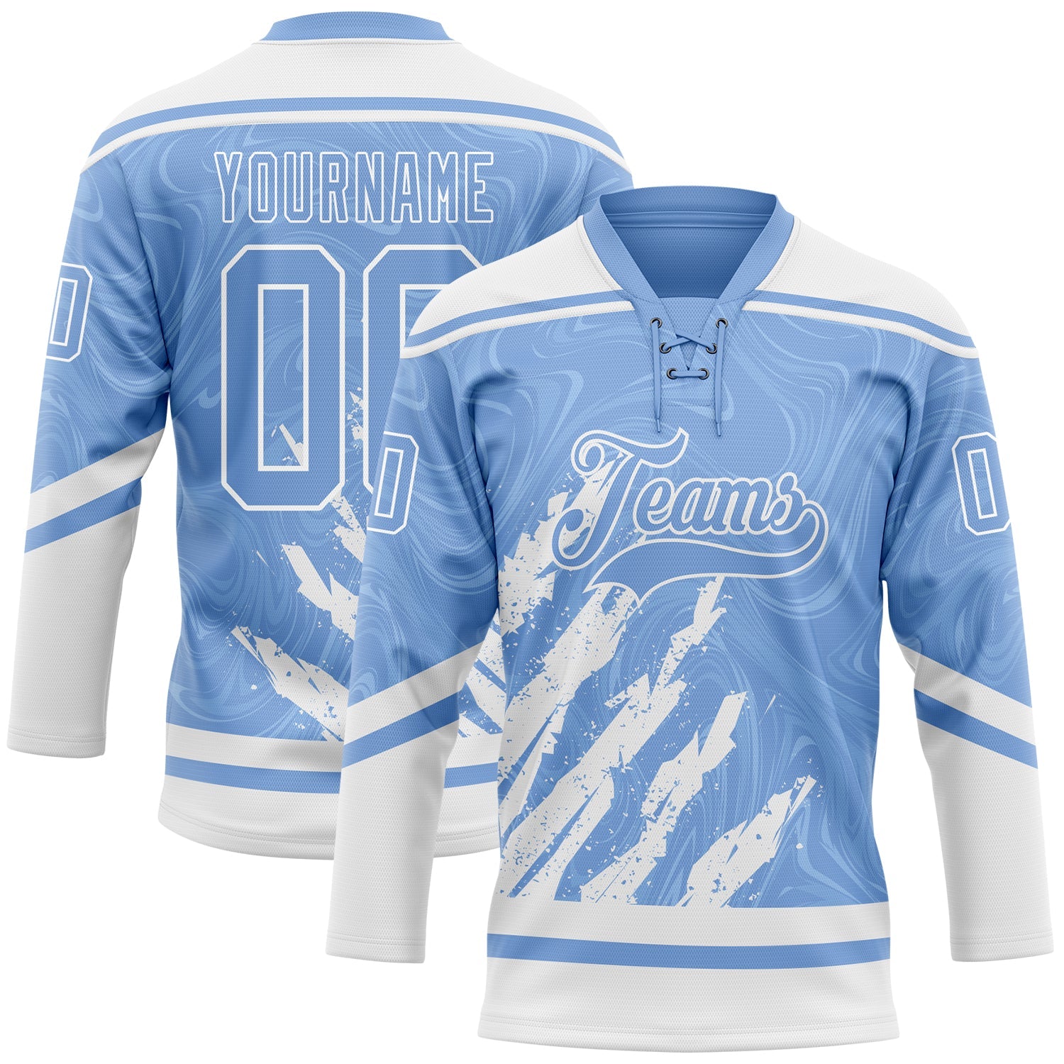 Custom Light Blue White 3D Splash Art Hockey Lace Neck Jersey - Main View