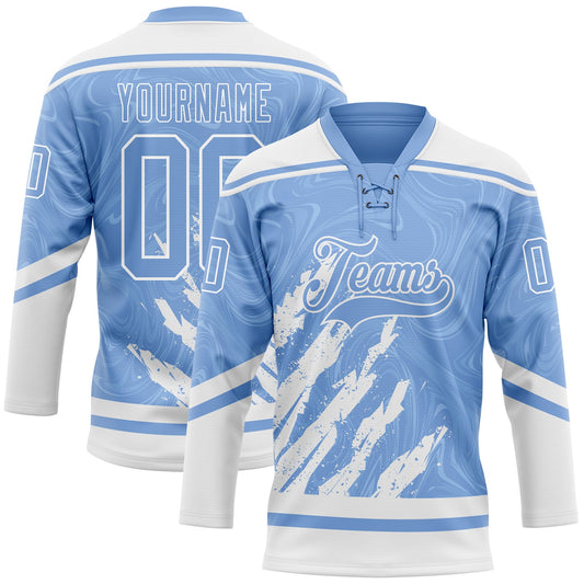 Custom Light Blue White 3D Splash Art Hockey Lace Neck Jersey - Main View