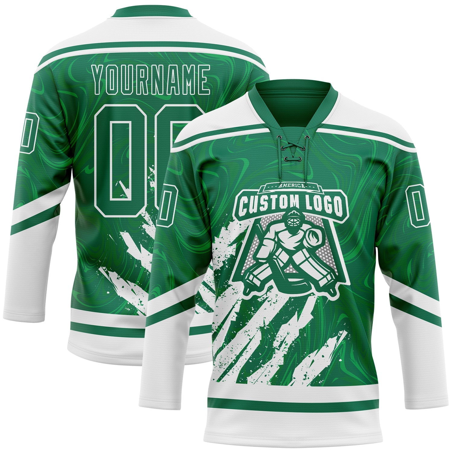 Custom Kelly Green White 3D Splash Art Hockey Lace Neck Jersey view 2