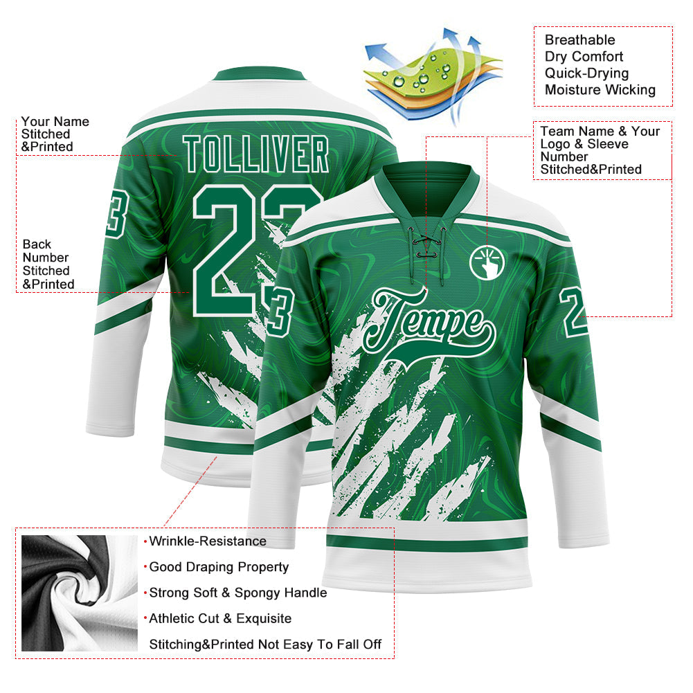 Custom Kelly Green White 3D Splash Art Hockey Lace Neck Jersey view 5