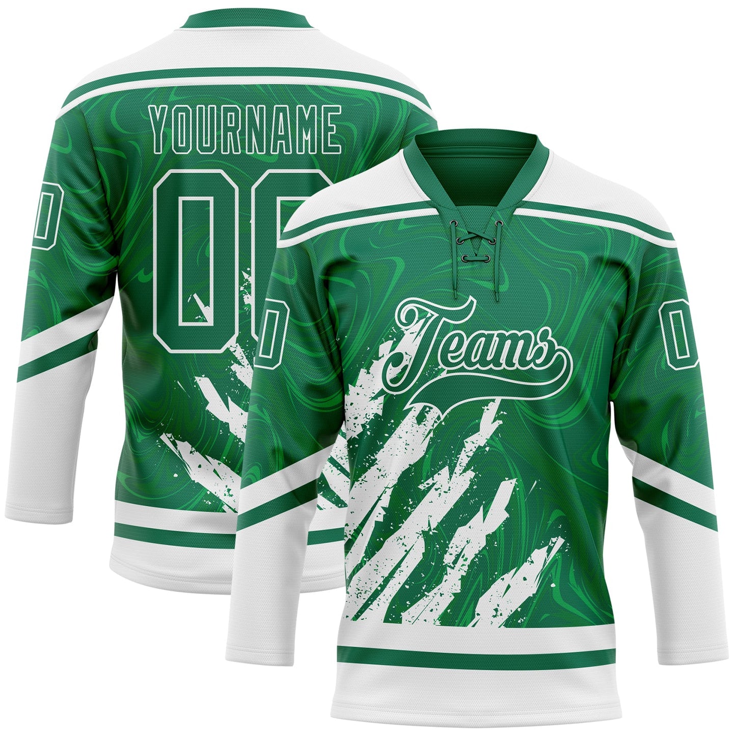 Custom Kelly Green White 3D Splash Art Hockey Lace Neck Jersey - Main View