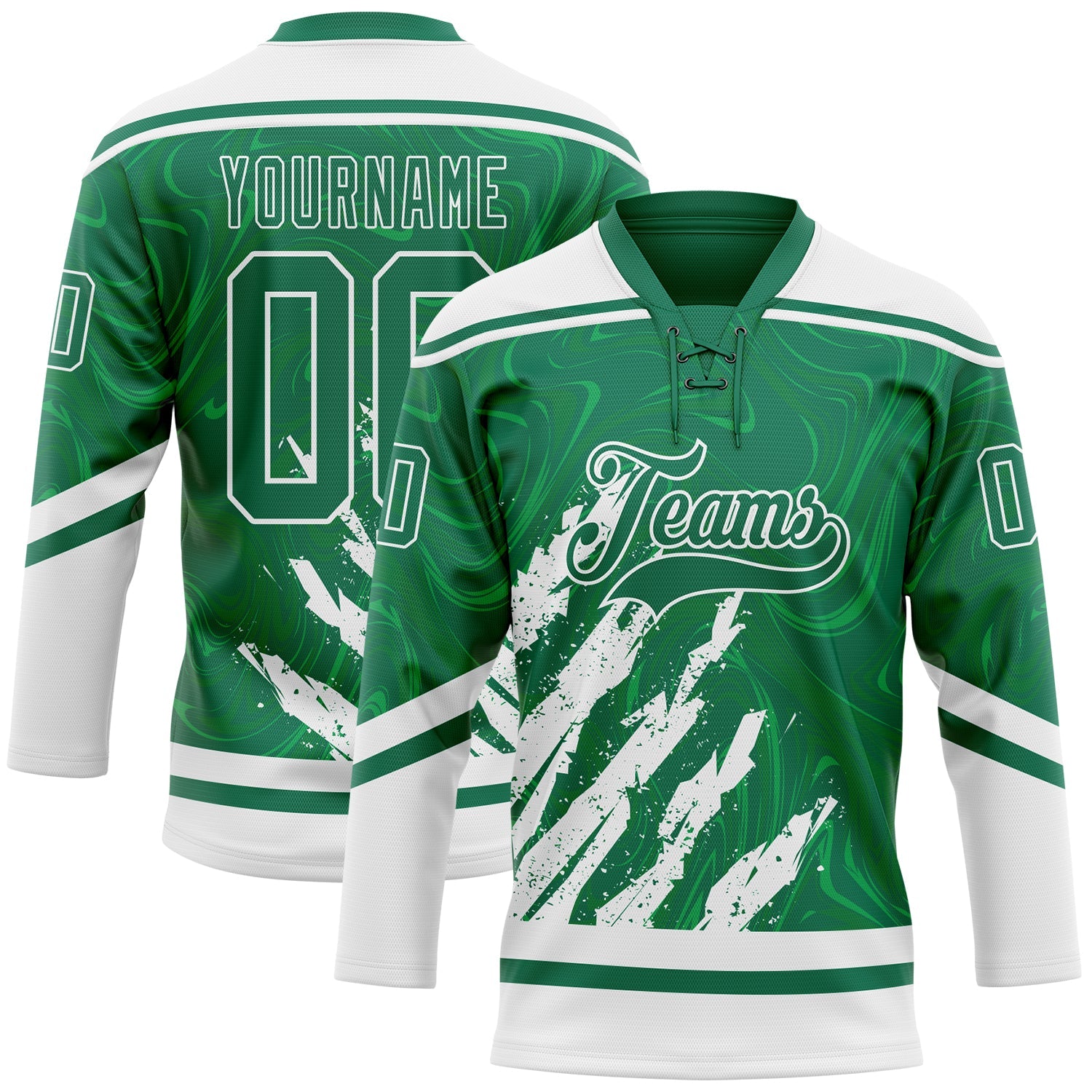 Custom Kelly Green White 3D Splash Art Hockey Lace Neck Jersey - Main View