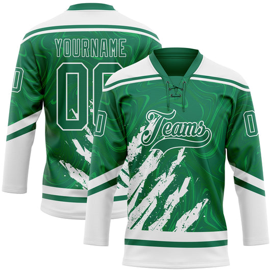 Custom Kelly Green White 3D Splash Art Hockey Lace Neck Jersey - Main View