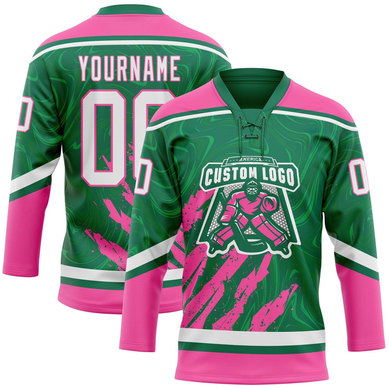 Custom Kelly Green White-Pink 3D Splash Art Hockey Lace Neck Jersey view 2