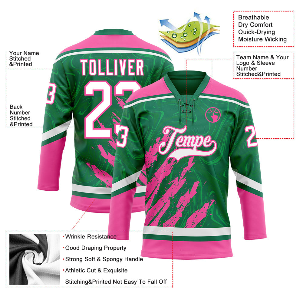 Custom Kelly Green White-Pink 3D Splash Art Hockey Lace Neck Jersey view 5
